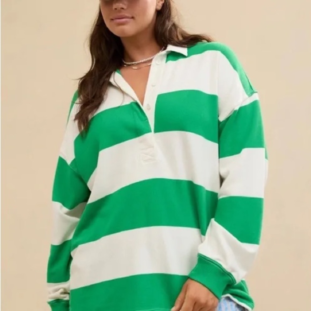 Aerie Prep Rally Rugby Sweatshirt Size XS Green Striped Polo Sweater